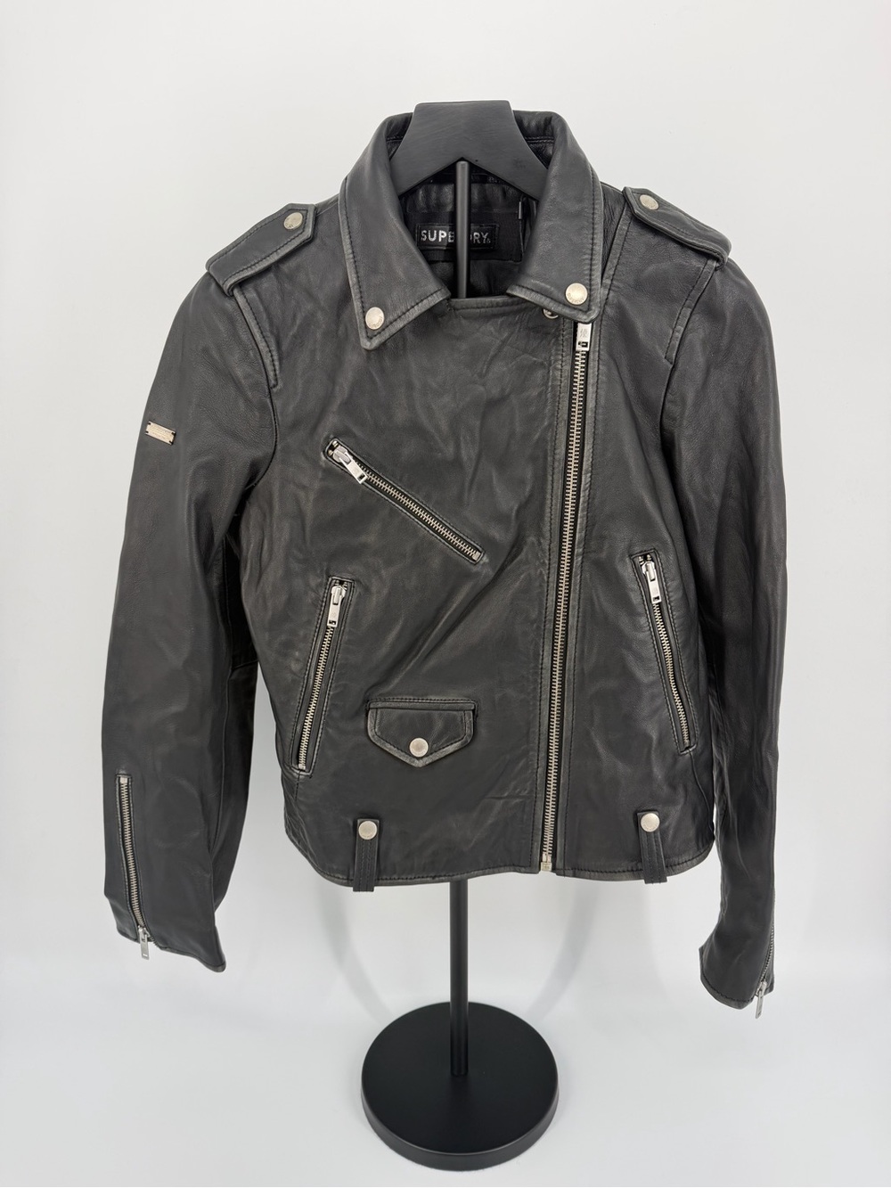 Superdry Real Leather Biker Jacket Womens S Black Moto Cafe Racer $199 MSRP